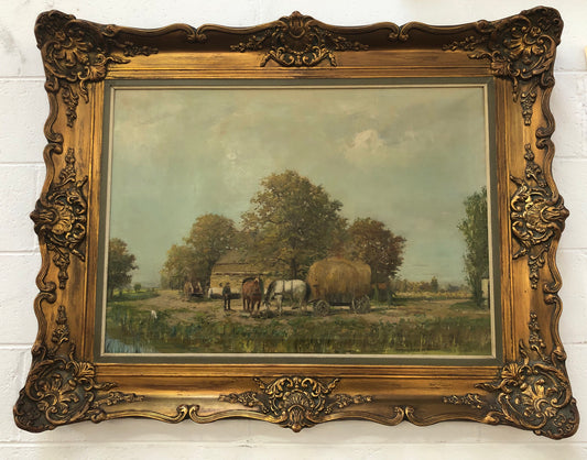 French oil on canvas of a beautiful farm scene in a lovely ornate frame, and in good original condition.