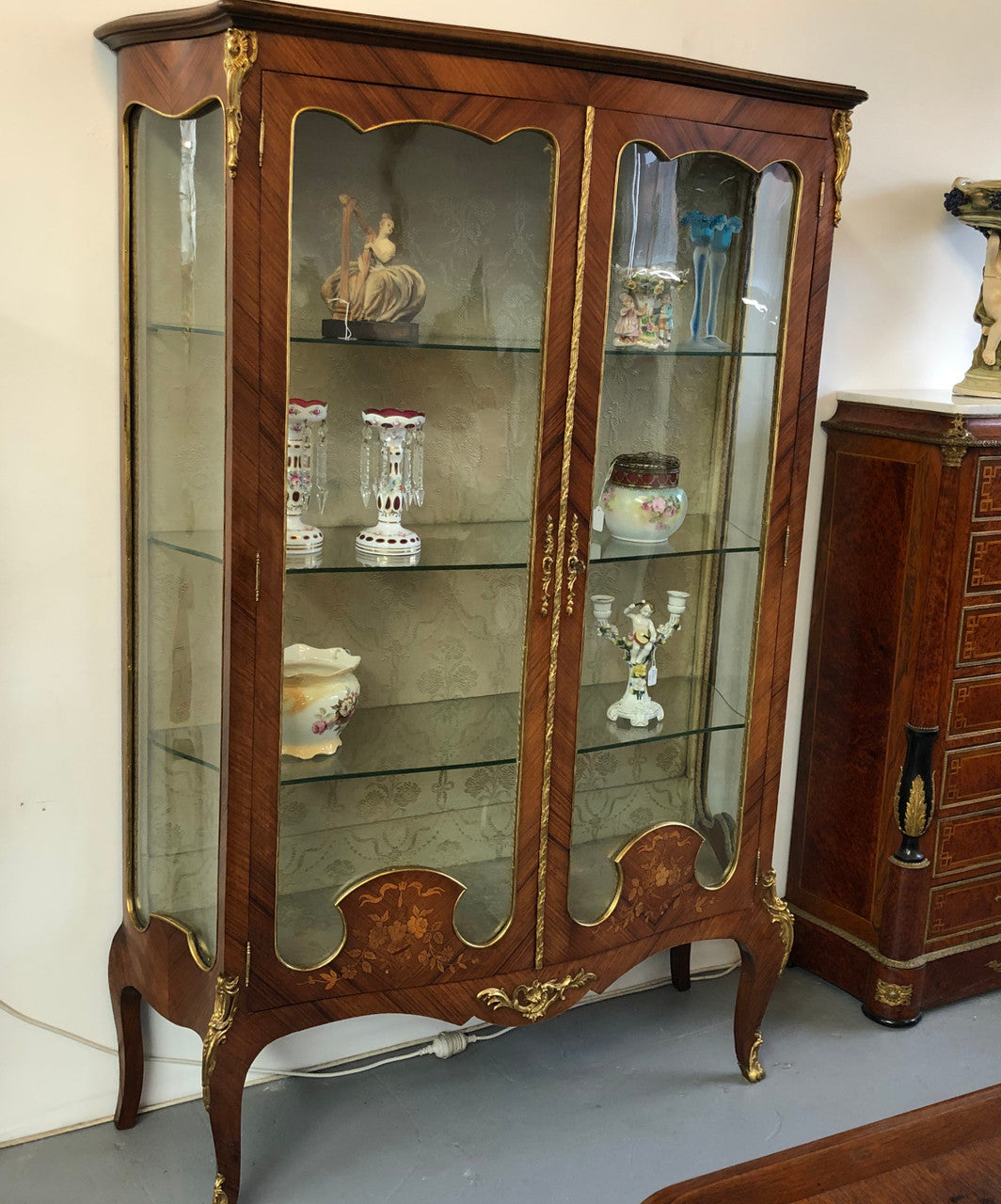 19th Century Ornate French Walnut Marquetry Inlay Display Cabinet | Antique & Vintage | Moonee Ponds Antiques | Australia Wide Delivery