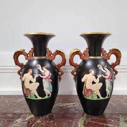 Pair Antique 19th century Paris porcelain Grecian style vases. Please view photos as they help form part of the description.