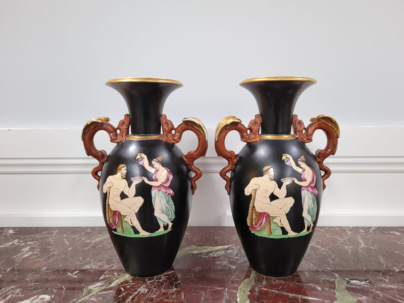 Pair Antique 19th century Paris porcelain Grecian style vases. Please view photos as they help form part of the description.