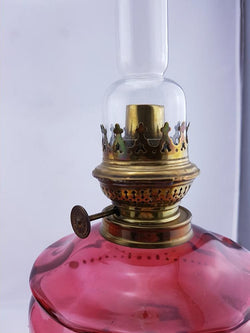Rare Pair Of Ruby Mary Gregory Glass Kerosene Lamps | Antique & Vintage | Moonee Ponds Antiques | Australia Wide Delivery