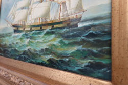 Decorative Oil On Board Painting Of A Ship In Gilt Frame | Antique & Vintage | Moonee Ponds Antiques | Australia Wide Delivery