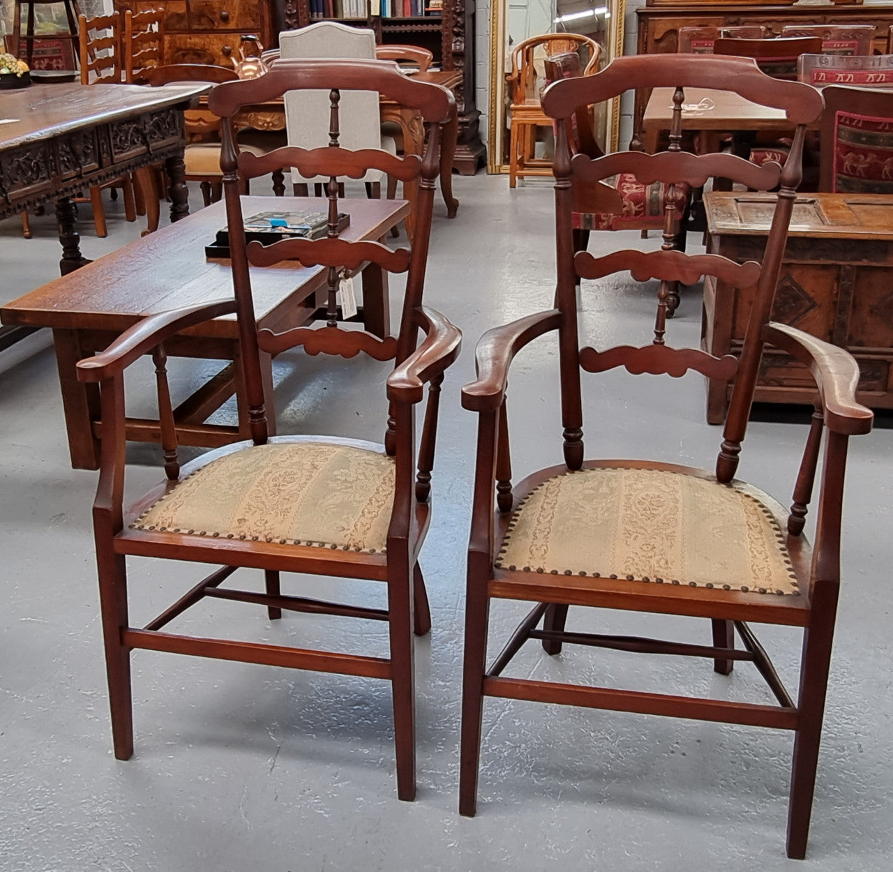 Pair of Mahogany Cottage Arm Chairs With Ladder Back Moonee