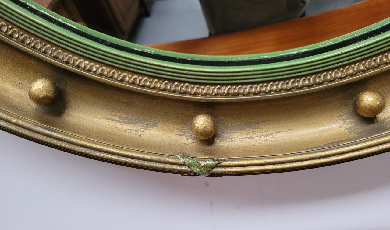 Large round French gilt framed convex mirror. It is a hard to find size with a total diameter of 67 cm. It has been sourced from France and is in good original condition.