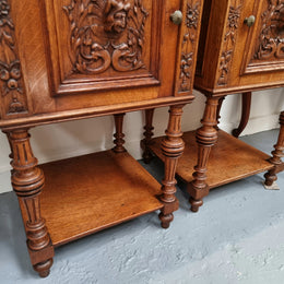 Late 19th Century pair of beautifully carved gothic style French oak bedside cabinets. It has lovely coloured marble tops with a drawer and cupboard for storage. In good original detailed condition.