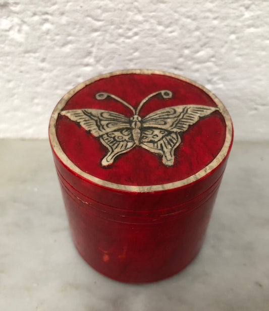 Vintage Hand Carved Marble Trinket Box With Butterfly