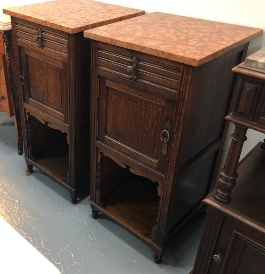 Pair Of French Marble Top Oak Bedside Cabinets