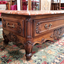 Amazing original walnut Louis XV style coffee table with a marble top, one drawer on either end and a faux drawer at the front. In good original detailed condition, sourced in France.