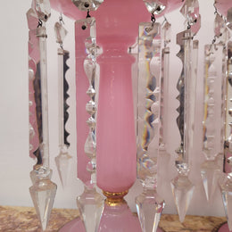 Large Victorian pink glass an gilt trim crystals lusters. It is in good original condition, please view photos as they help form part of the description.