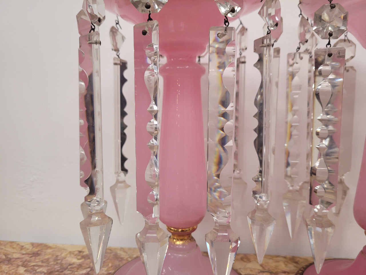 Large Victorian Pink Glass & Gilt Trim Crystals Lusters | Antique & Vintage | Moonee Ponds Antiques | Australia Wide Delivery