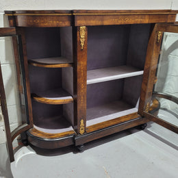 Victorian Rosewood inlaid side cabinet/credenza with velvet lined shelves and gilt mounts. It has been sourced locally and is in good original condition with loads of character.