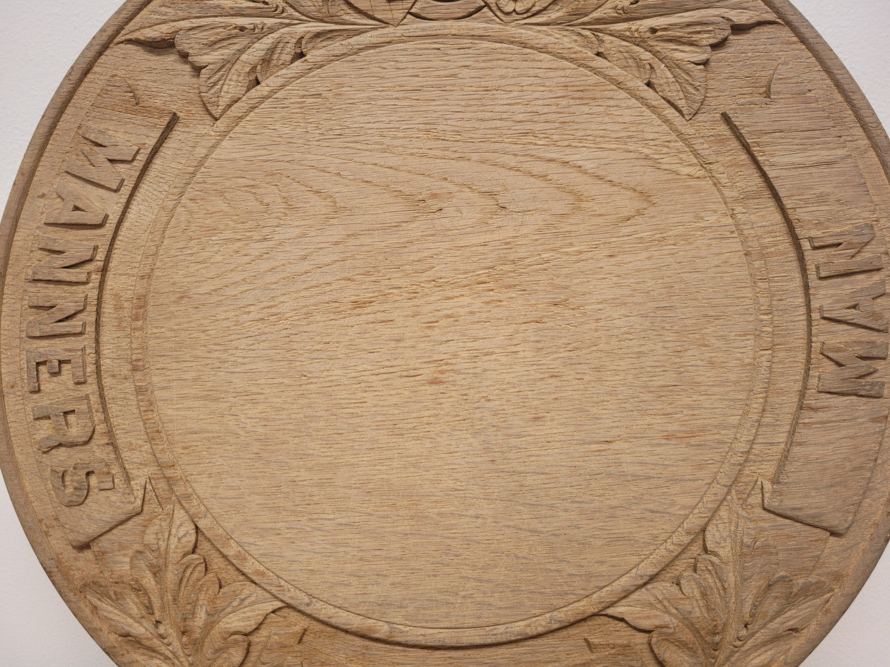 Antique Circular Oak Bread Board Carved with “Manners Makyth Man” & the Arms of Winchester College England | Antique & Vintage | Moonee Ponds Antiques | Australia Wide Delivery