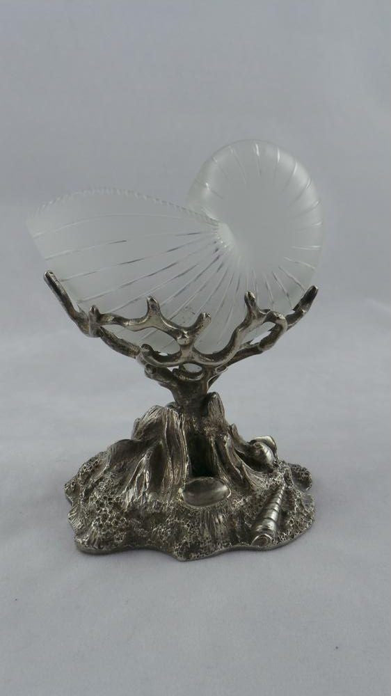 Victorian Etched Shell Glass Salts on Silver Stand