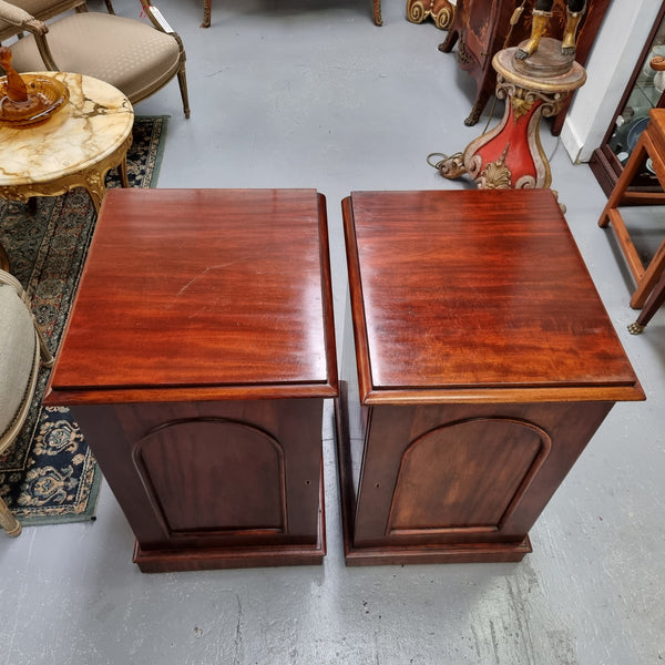 Unique pair of Victorian mahogany bedsides with one fixed shelf. Sourced locally and in good original detailed condition.