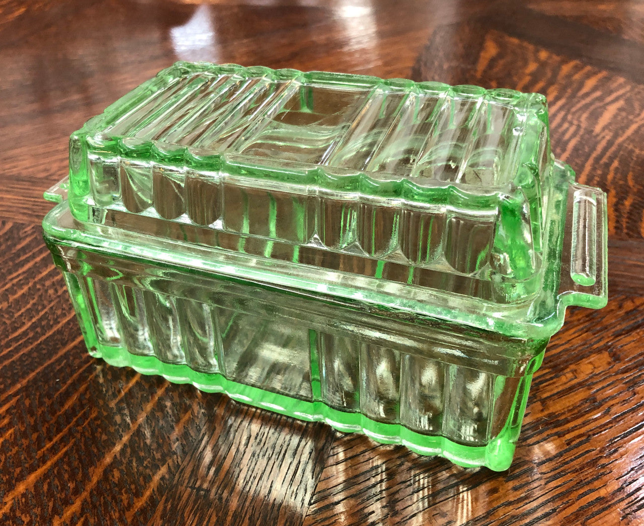 Green Depression Glass Butter Dish