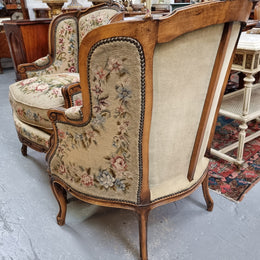 Pair of amazing French Walnut tapestry covered armchairs. The tapestry is in very good condition, please view photos as they form part of the description. Sourced from France and is in good original detailed condition.
