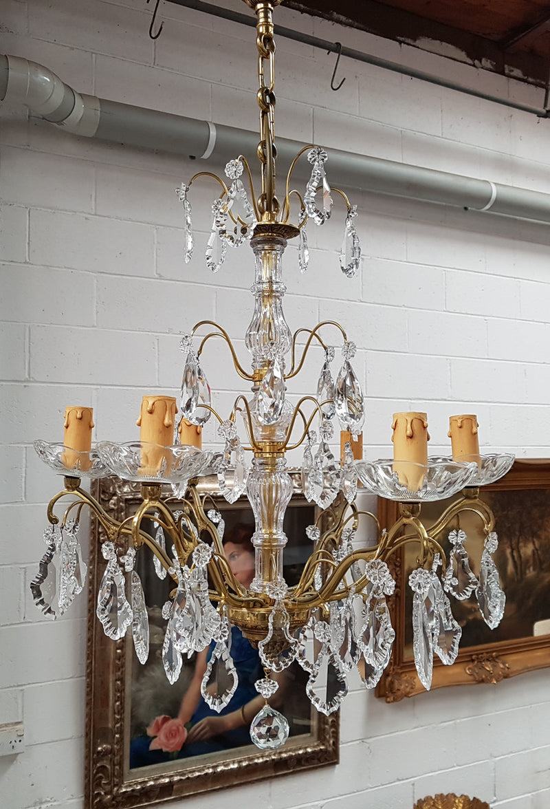 French Brass & Crystal Six Arm Candle Light Chandelier
