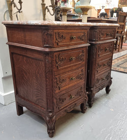 A Pair of Hard To Find French Oak Louis XV Style Four Drawer Marble Topped Bedsides | Antique & Vintage | Moonee Ponds Antiques | Australia Wide Delivery
