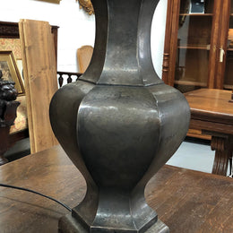 Beautiful pair of 19th Century pewter covered Bronze table lamps with light grey shades .They have been rewired and in good working order.