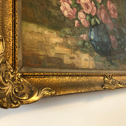 Beautifully framed signed, French oil on canvas of a vase of Pink roses and in good condition.