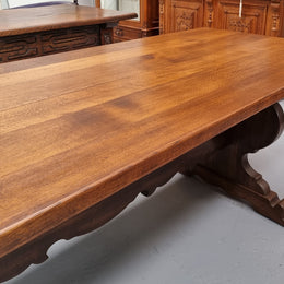 Lovely solid French Oak Farmhouse table with a beautiful stretcher base. Sourced from France and in good original detailed condition.