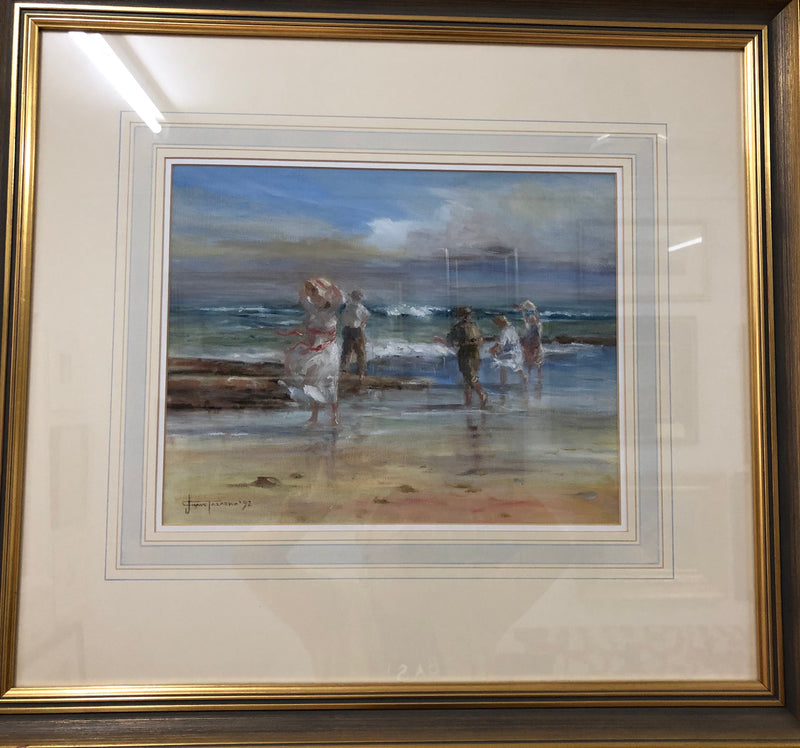 An oil on canvas on board framed and under glass a beautiful painting of a "Windy day at the beach Mornington" by Australian Artist Judy Talacko.