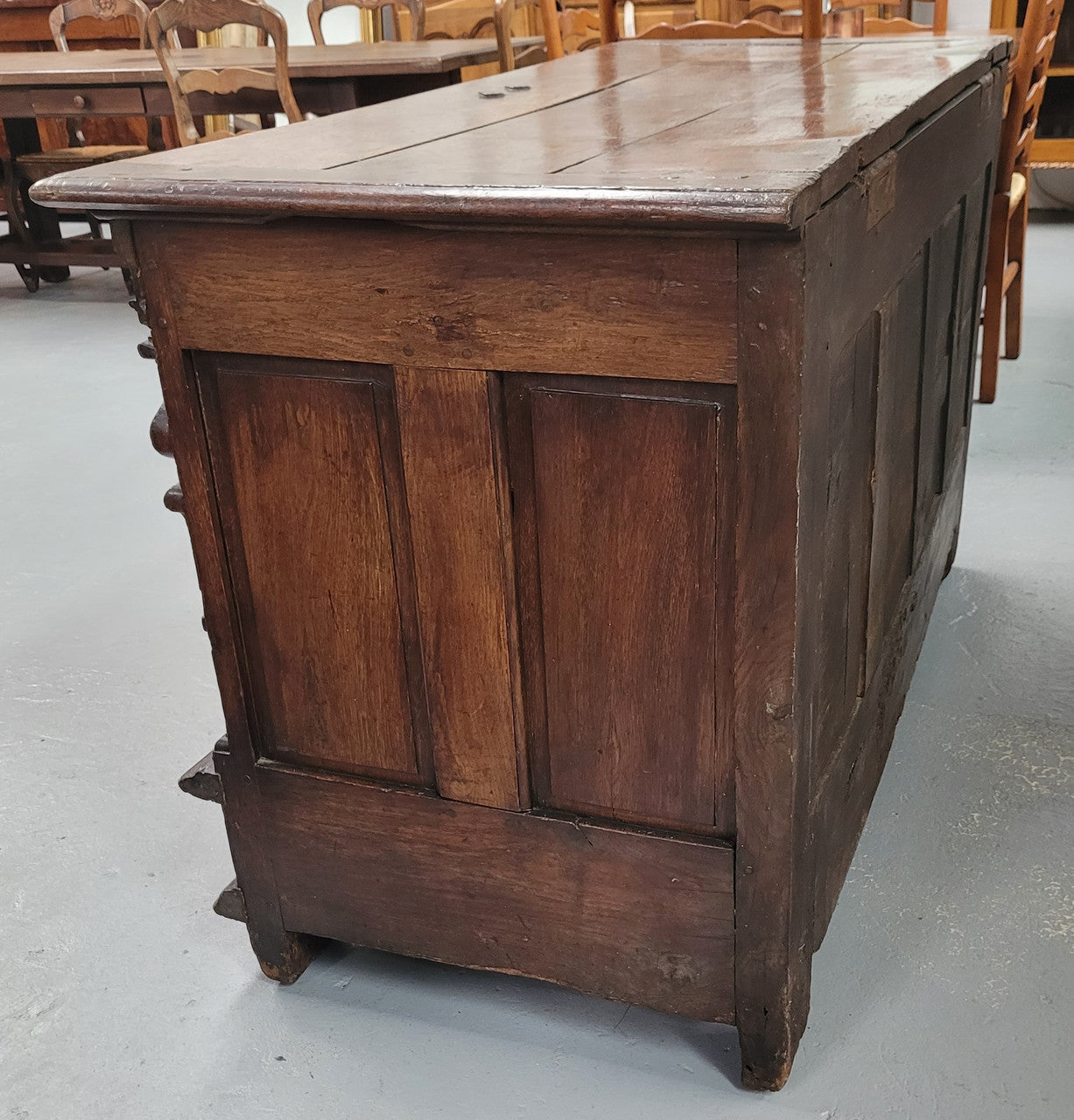 Stunning 18th Century solid French oak Cassone. It has plently of storage space inside along with two drawers at the bottom. It has loads of charter and has been sourced from France. It is in good original detailed condition.