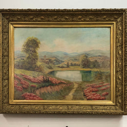 Beautiful French country scene oil on canvas in a lovely decorative frame in good original condition..