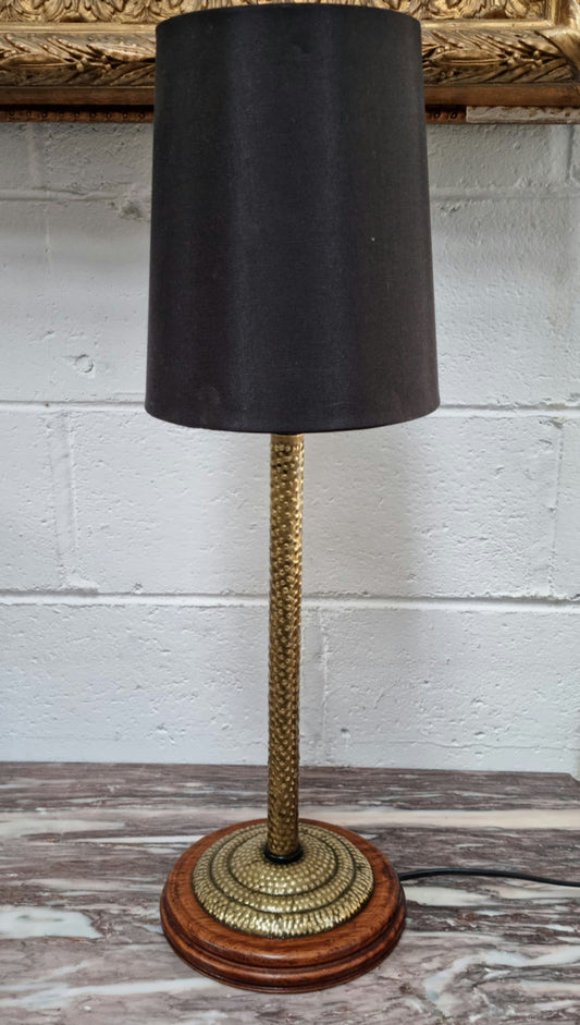Fabulous Arts and Crafts beaten brass and wooden table lamp. In good working original condition.