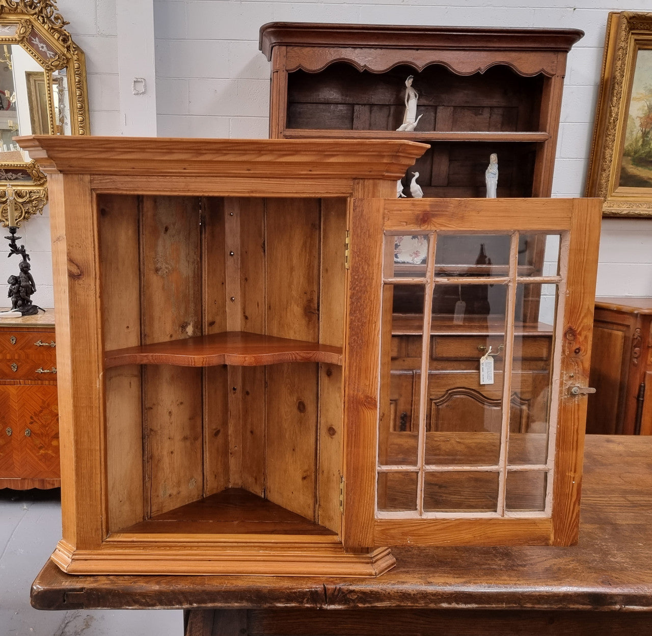 Vintage Victorian style pine corner cabinet with 2 shelves for display in good original condition.