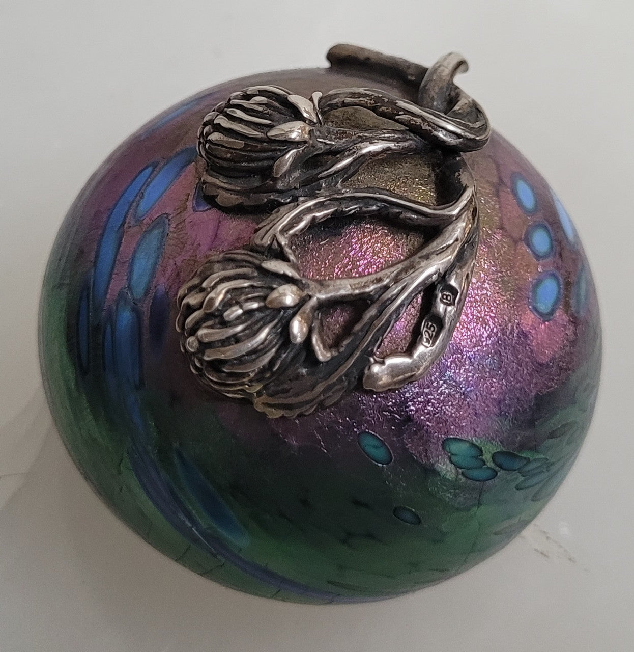 Vintage Iridescent Colin Heaney Paperweight with Sterling Silver Waratah flower by Suzanne Brett