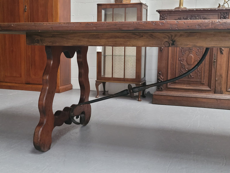 Hard to find three meter Spanish style dining table with a width of 108 cm. Made from reclaimed elm and Oregon with nice iron work. Can easily sit 10-12 people and is in good original detailed condition.