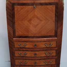 Walnut Louis XV style marble top abbattant with beautiful parquetry inlay and ormolu mounts. It has plenty of storage space with four large drawers and four smaller internal drawers. Beautiful drop down desk with a leather insert. In very good original detailed condition.