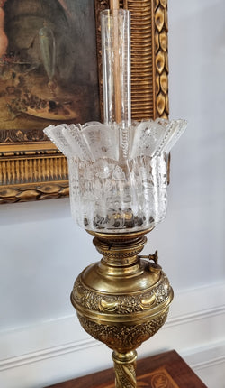 Victorian Banquet Lamp “Globe Vulcan” With Original Acid Etched Shade | Antique & Vintage | Moonee Ponds Antiques | Australia Wide Delivery