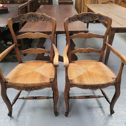 Pair Louis XV Style Oak Rush Seated Carver Chairs