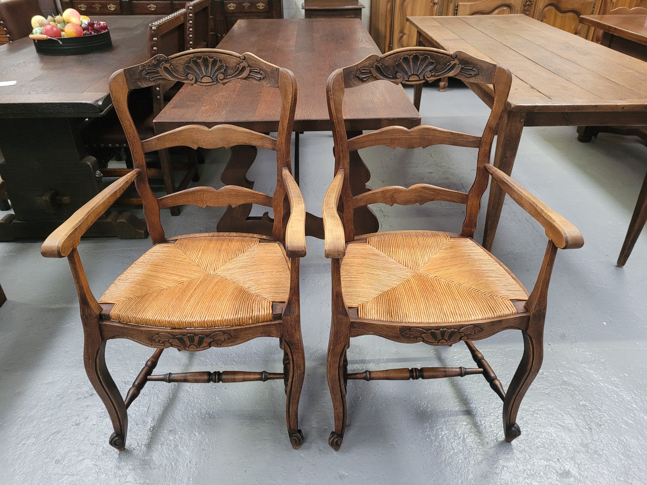 Pair Louis XV Style Oak Rush Seated Carver Chairs