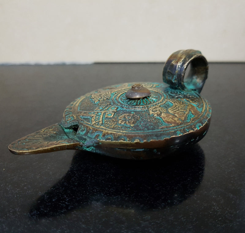 Antique Roman Style Bronze Oil Lamp Traces Of Original Gilding