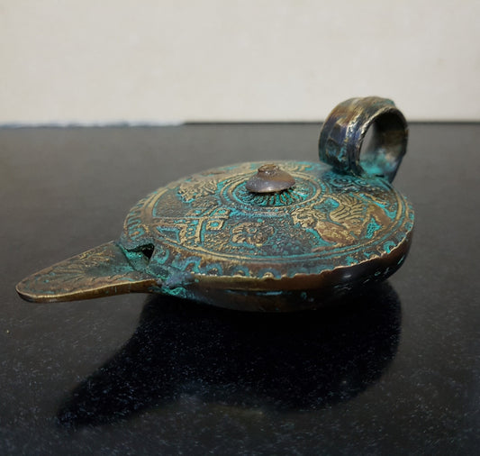 Antique Roman Style Bronze Oil Lamp Traces Of Original Gilding
