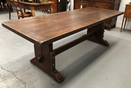 French Oak stretcher base Farmhouse dining table. In good original detailed condition.