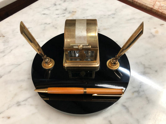 Round Art Deco Brass & Glass Ink Well