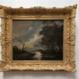 French gilt framed "River Landscape" oil on canvas. Signed. Crica 1950's.