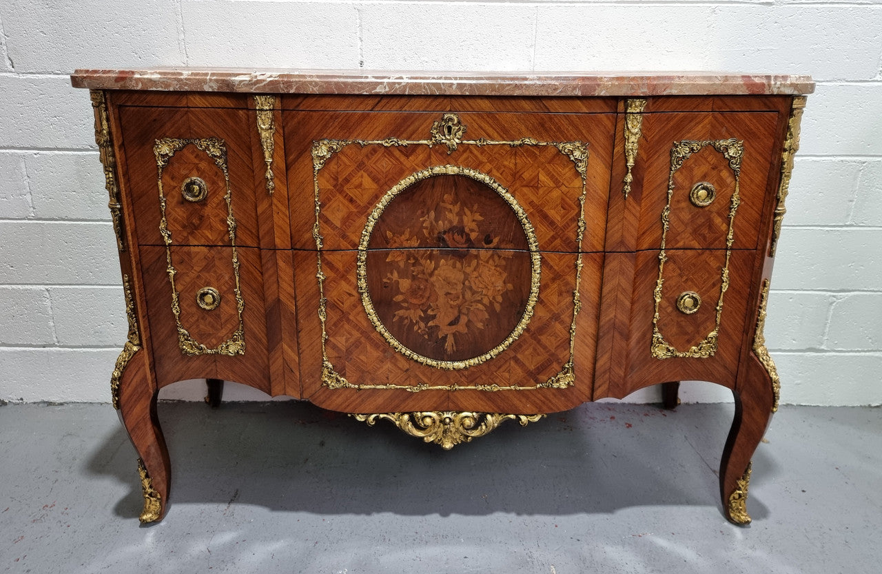 Stunning Transitional French Walnut Marquetry Inlaid Marble Top Commode | Antique & Vintage | Moonee Ponds Antiques | Australia Wide Delivery