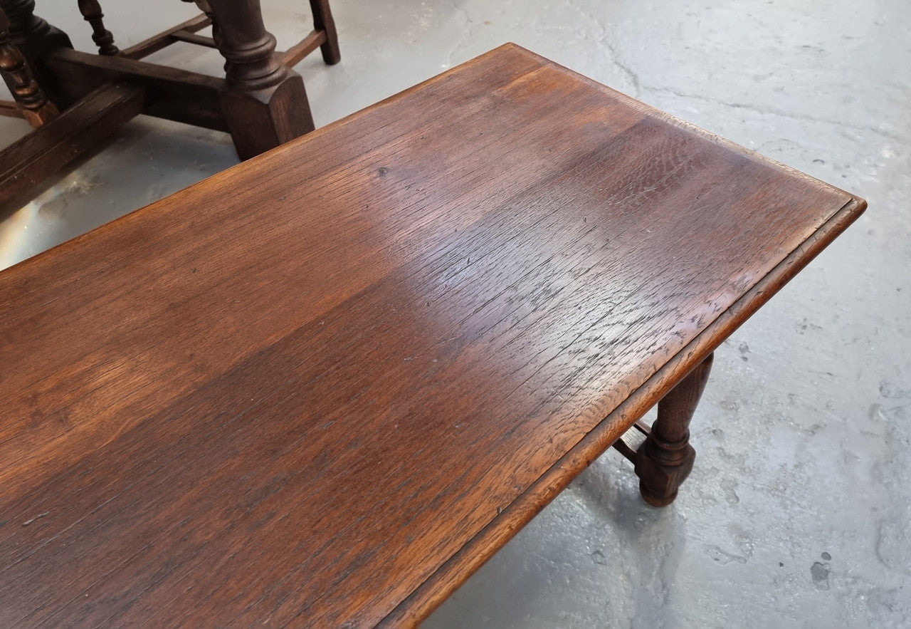 Beautiful French oak 2 drawer coffee table. In good original detailed condition.