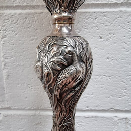 Pair of Antique French silver candlesticks table lamps embossed with birds and floral pattern. In good original detailed working condition.
