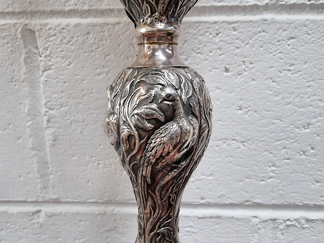 Pair of Antique French Silver Candlesticks Table Lamps Embossed With Birds & Floral Pattern | Antique & Vintage | Moonee Ponds Antiques | Australia Wide Delivery