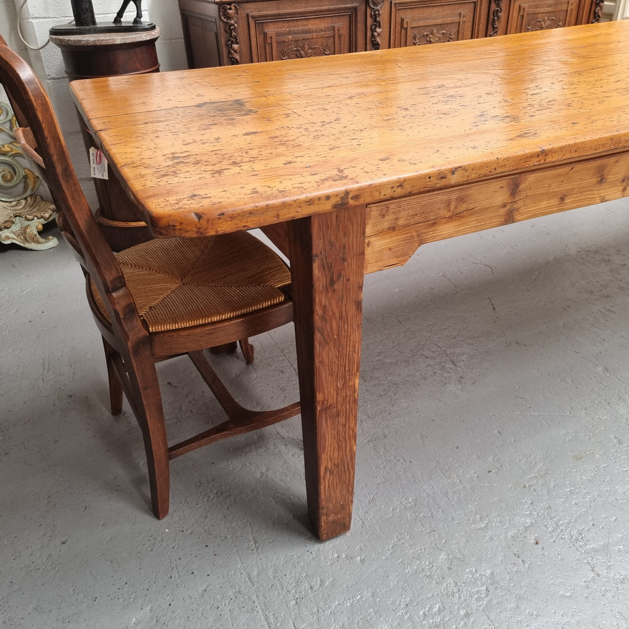 Extremely rare one piece top Kauri Pine Australian farmhouse table. It is truly an amazing table with loads of character, it comfortably seats 14 to 16 people. In good original detailed condition and sourced locally.