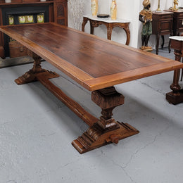 French style reclaimed Elm Farmhouse table with stretcher base and amazing carving underneath. Table can sit 10-12 people and is in good original detailed condition.