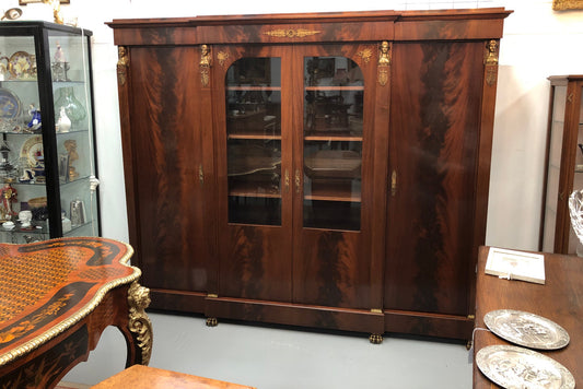 Superb Four Door French Empire Flame Mahogany Bookcase