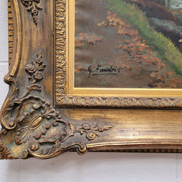 Large signed oil on canvas depicting a river stream in autumn framed in a stunning gilt frame. Sourced from France and is in good original detailed condition.
