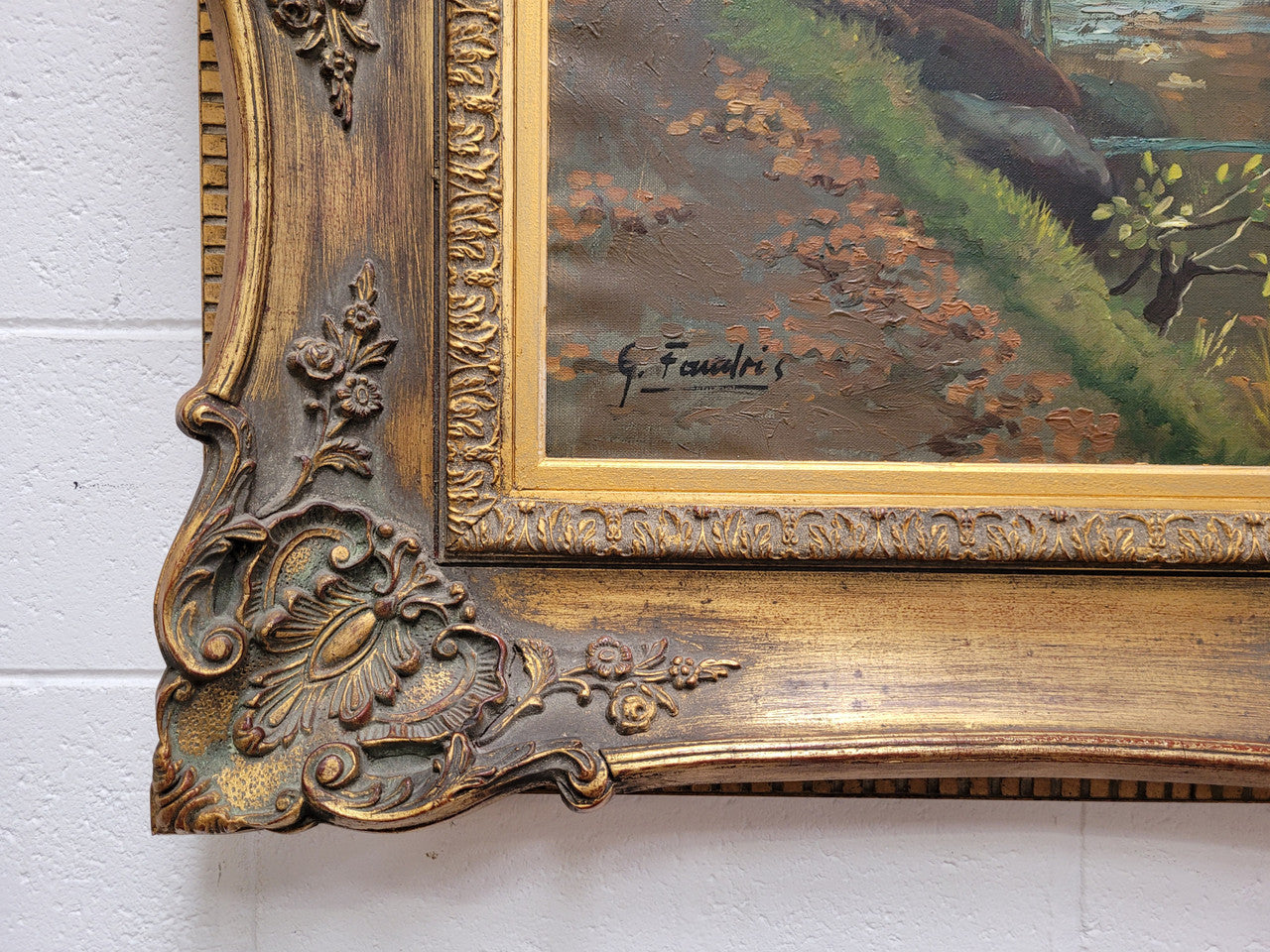 Large signed oil on canvas depicting a river stream in autumn framed in a stunning gilt frame. Sourced from France and is in good original detailed condition.